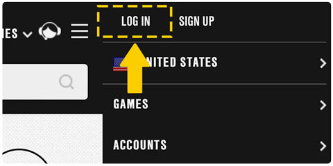 EA 도움말의 로그인 버튼을 가리키는 노란 화살표가 있는 모바일 기기 상의 스크린샷.