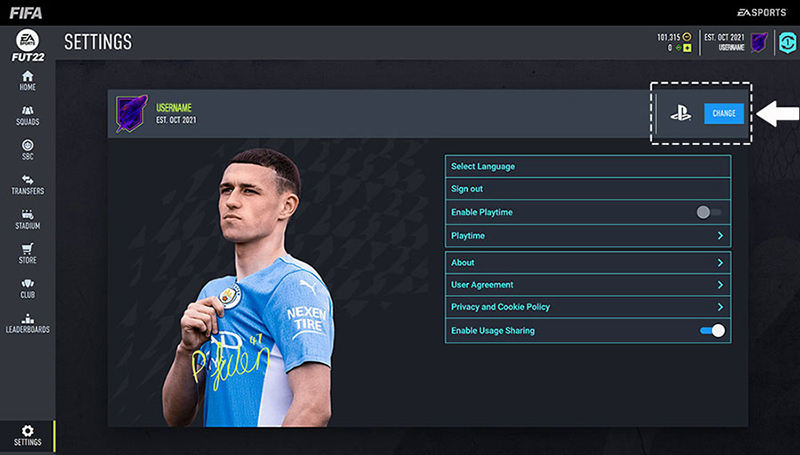 Botón Cambiar del menú Configuración de la aplicación web de FIFA para cambiar la identidad activa.