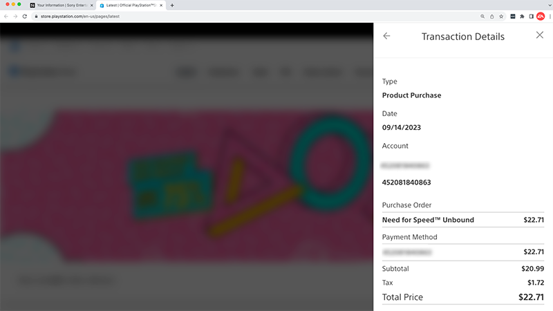 The transaction details for Need for Speed Unbound.