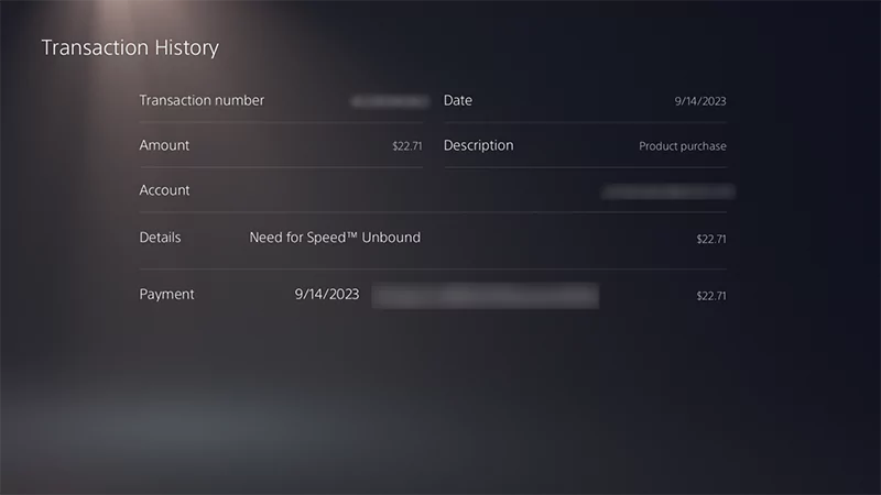 A screenshot of the Transaction History for Need for Speed Unbound in the Playstation 5 settings.