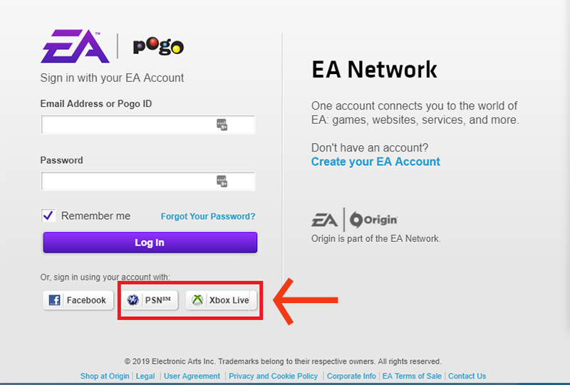 psn and xbox login options on the ea help login page - how to change your fortnite name on ps4 2019