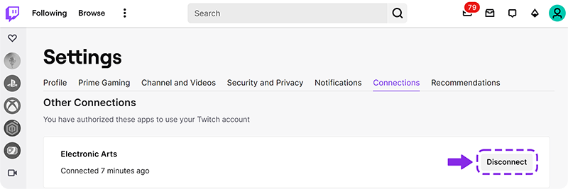Nella schermata Connessioni delle impostazioni di Twitch, usa il pulsante Disconnetti accanto a Electronic Arts nell'elenco Altre connessioni per scollegare i tuoi account.