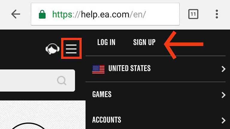 Capture d'écran - menu de l'Assistance EA en haut à droite de la page du navigateur pour trouver l'option Connexion.