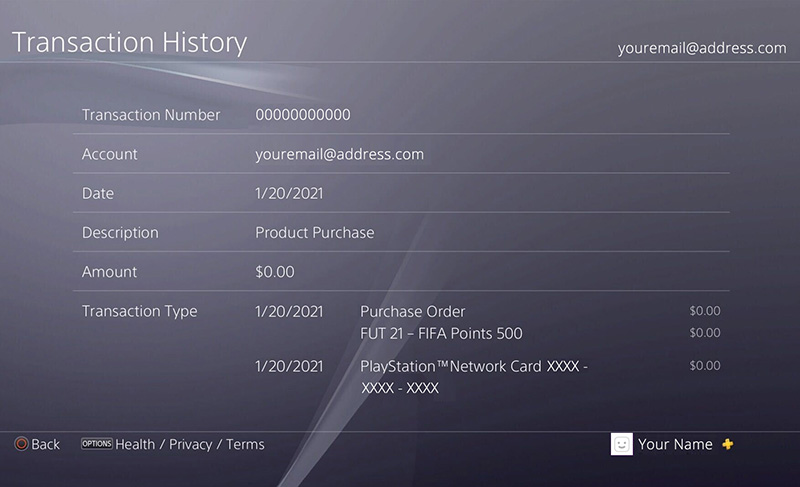 PlayStation console view of the Transaction History.