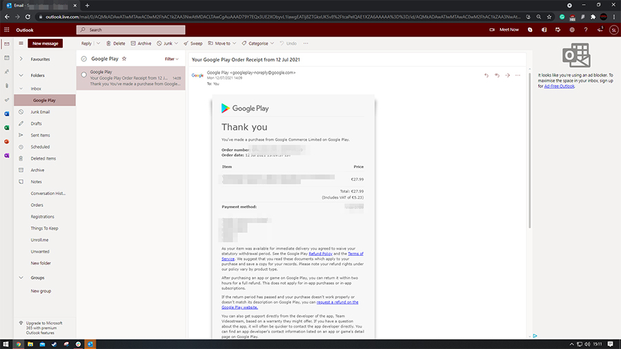 E-mail z potwierdzeniem transakcji w Google Play.