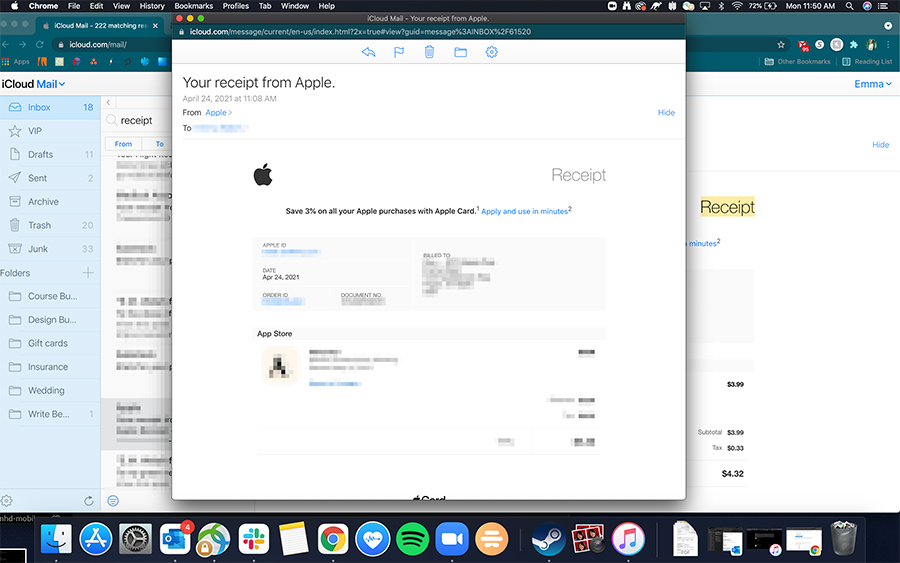 E-mail s potvrzením nákupu v iTunes Store.