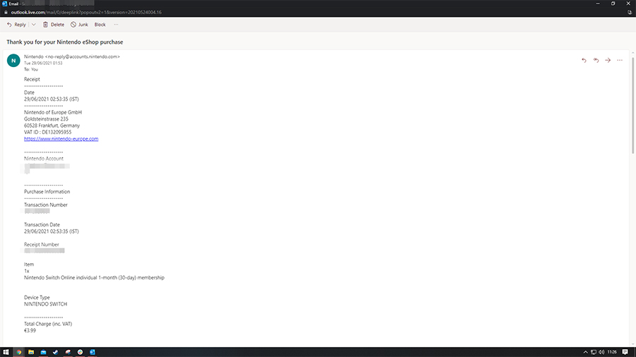 Bevestigingsmail Nintendo Switch-aankoop.