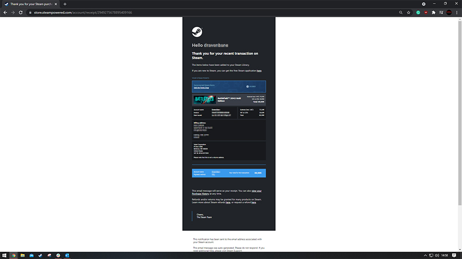 Steam purchase confirmation email.