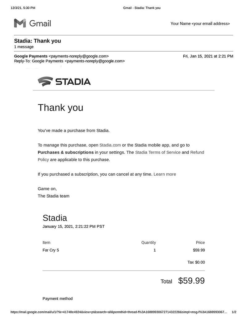 First page of the Stadia email receipt.