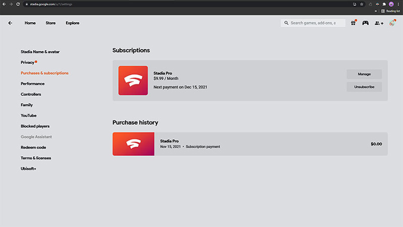 Stadia purchases and subscriptions page with browser URL.