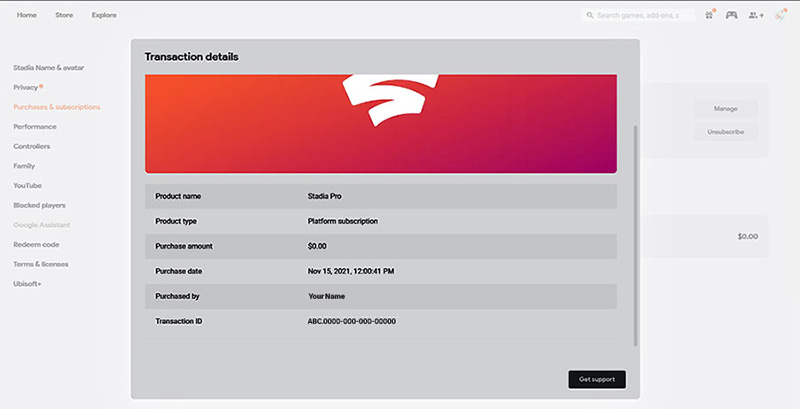 Stadia transaction details popup in browser window.