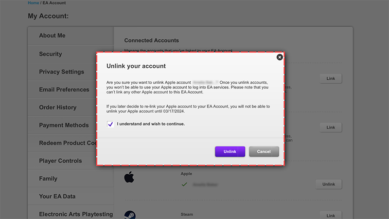 A coral dotted line surrounding the Unlink your account pop up window.