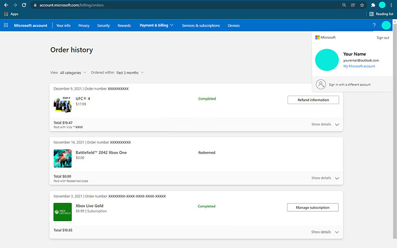 Xbox order history page showing purchases, subscriptions, and gamertag with browser URL.