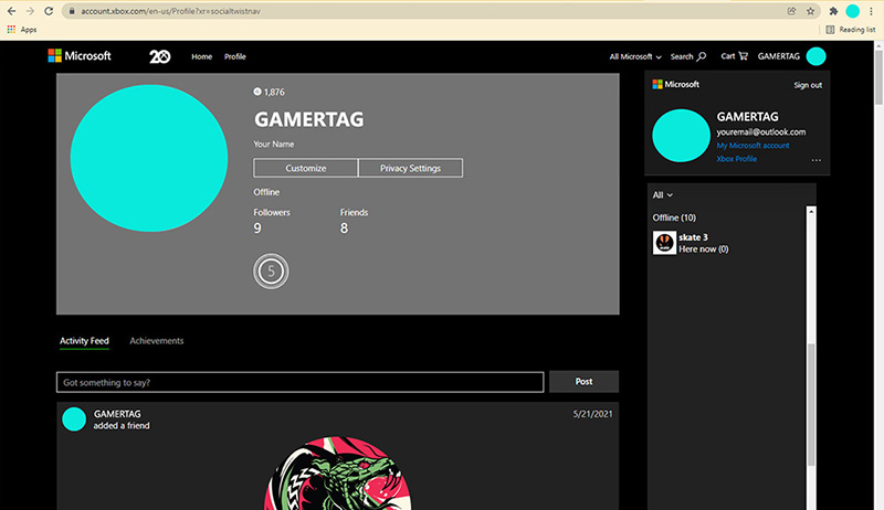 Xbox profile page showing gamertag, email, and browser URL.