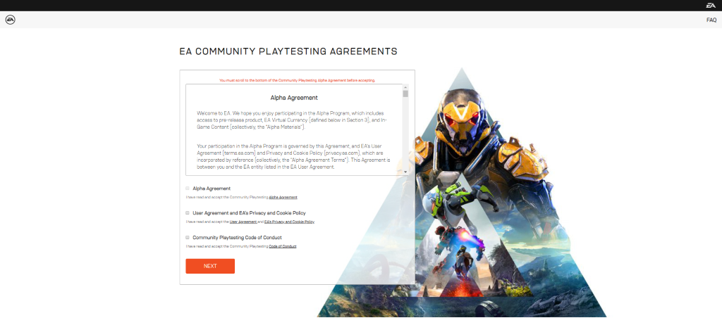 Screenshot of the Anthem Alpha Agreements on the Community Playtesting site