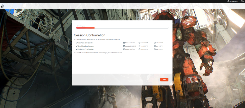 Screenshot showing confirmed Anthem Alpha session selection