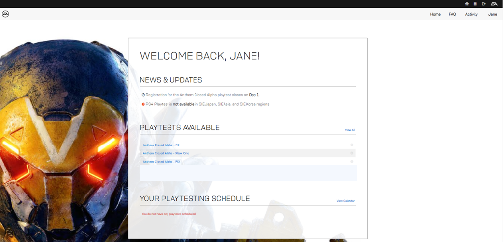 Screenshot of available Anthem Community Playtests