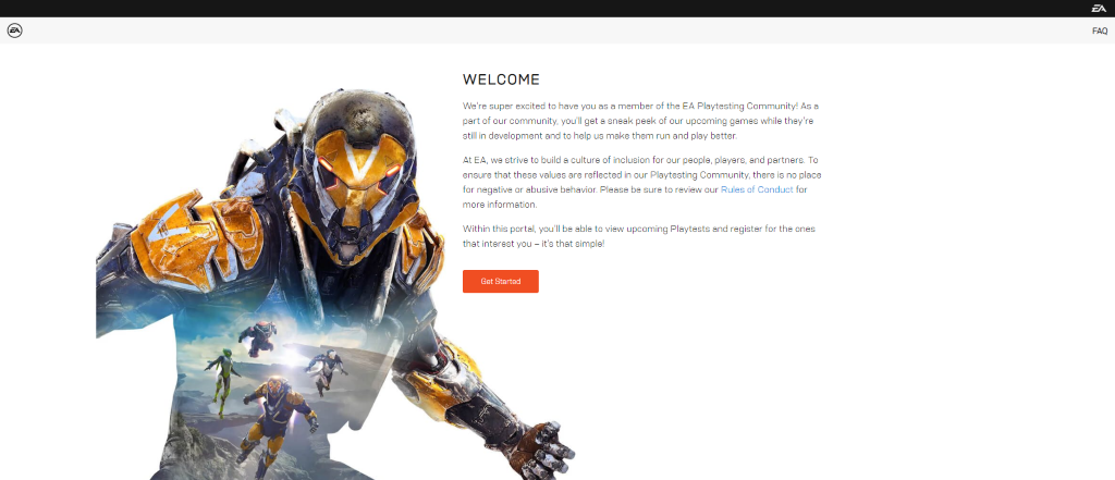 The welcome screen at the Community Playtest site