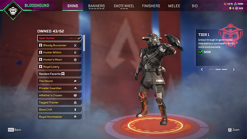 The Skins tab in Apex Legends shows Bloodhound's Prestige Skin Apex Hunter.