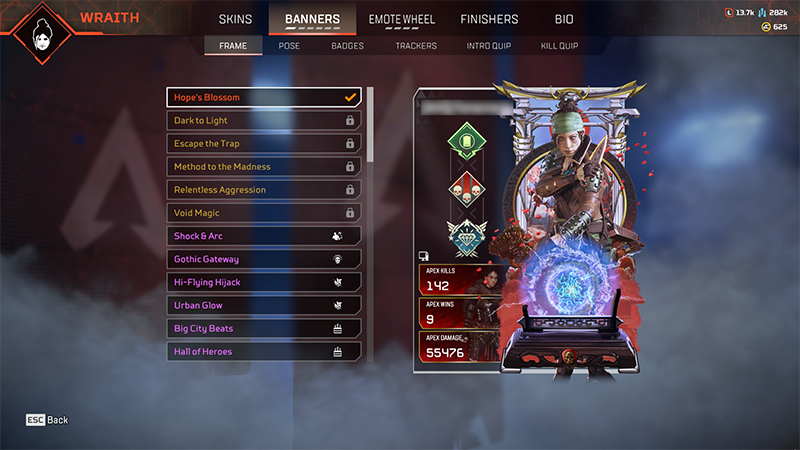 The Banners tab in Apex Legends shows Wraith's Heirloom Frame Hope's Blossom.