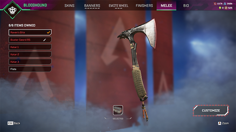 A coral dashed box surrounds the Customize button in the bottom right corner of the Melee tab of the Legend Bloodhound.