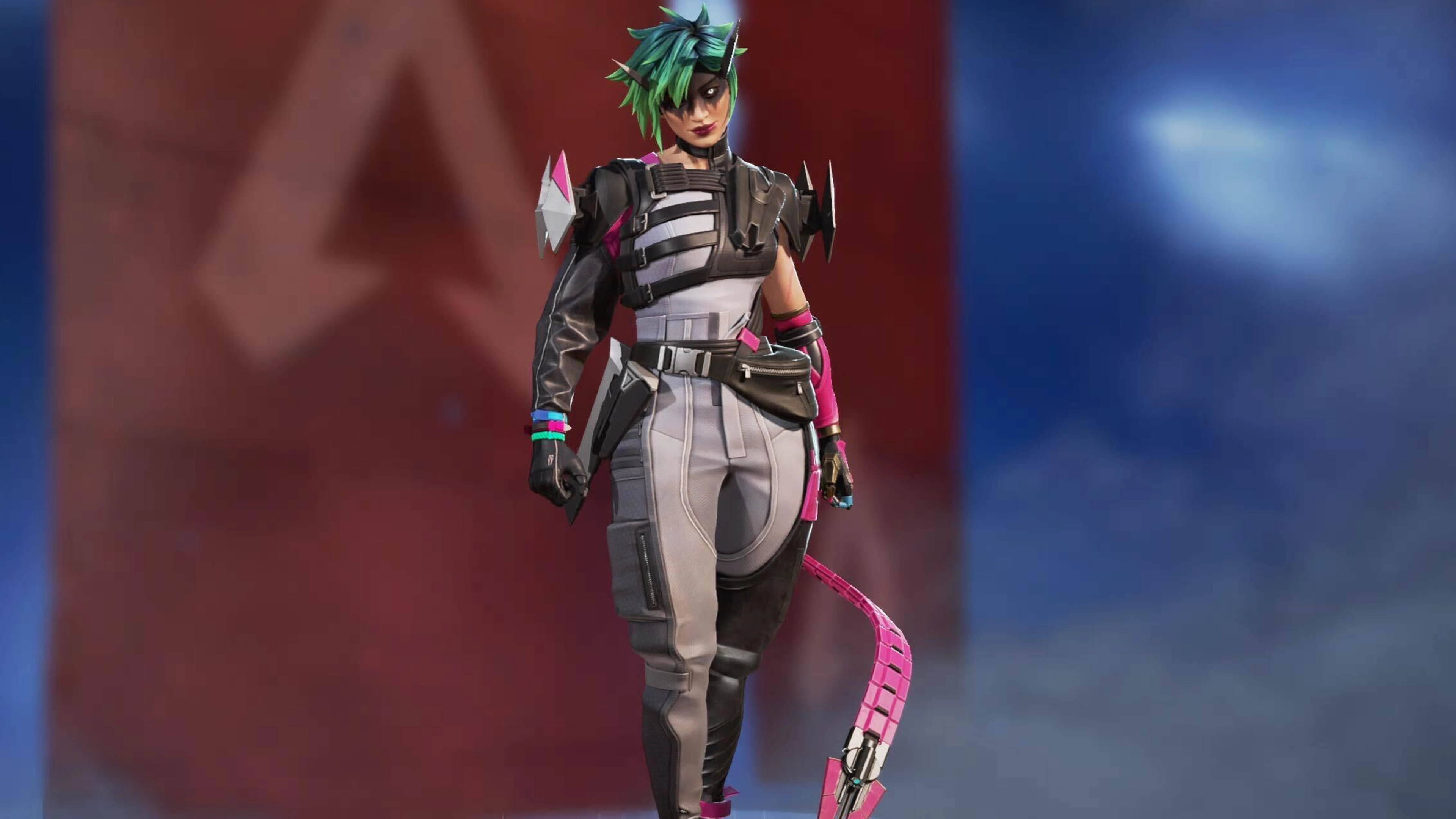 Alter de Apex Legends. Ela tem cabelos espetados azul-esverdeados e usa um macacão cinza com uma cauda rosa mecânica.