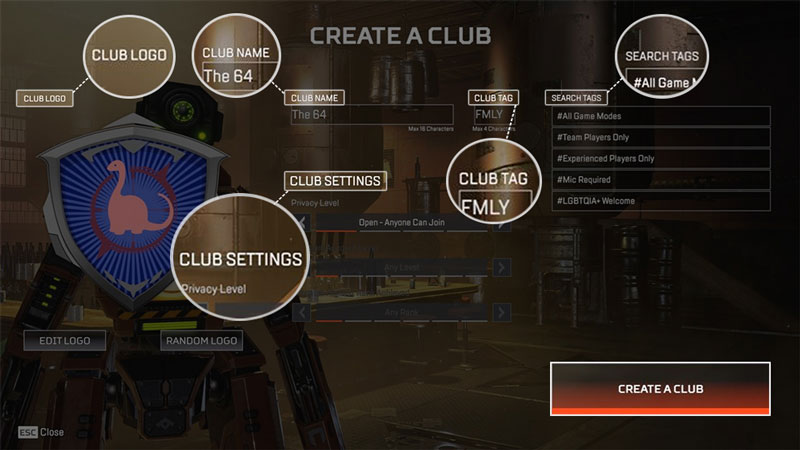 Apex Legends create a club field. It shows club name, club tag, search tags, and club settings.
