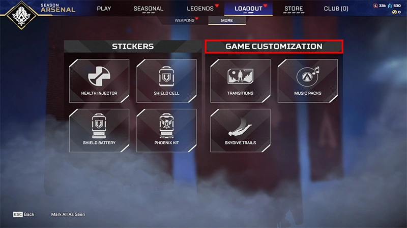 Boîte rouge mettant en surbrillance la boîte de personnalisation du jeu dans le menu d'Apex Legends.