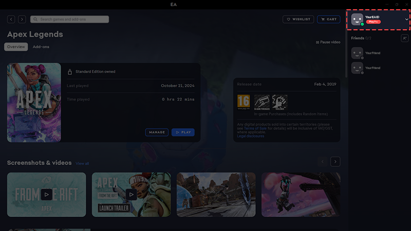 The EA ID is highlighted with a dotted red outline in the top-right corner of the EA app interface.