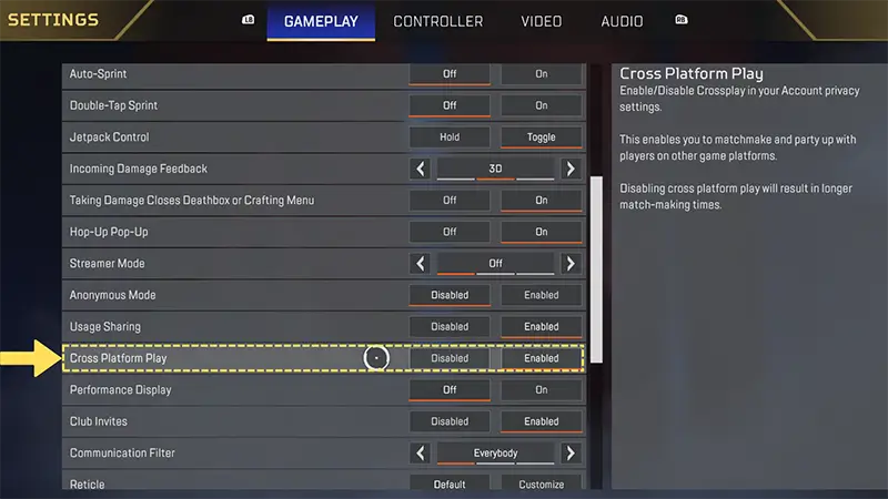 Yellow arrow pointing to the Cross Platform Play row in the Apex Legends settings.