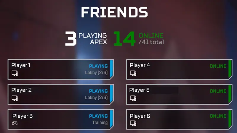 A list of 6 players under the Friends menu in Apex Legends. The icon under each player name shows if they are on PC or console.