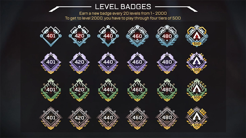 Exemples des badges que vous pouvez obtenir en gagnant un niveau dans Apex Legends. Chaque échelon de badge monte jusqu’au niveau 500.