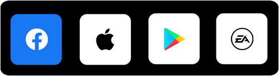 Login icons for Facebook, Apple, Google, and EA.
