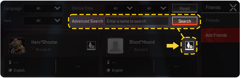 Add Friends icon appears when searching for players in Advanced Search bar.