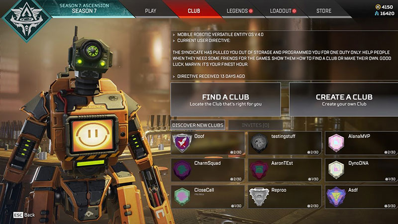 Apex Legends club menu tab that shows options to find a club or create a club of your own.
