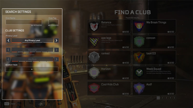 Search settings for finding a club in Apex Legends. It shows the space for a Club Name, Club Tag, Privacy Level, and search tags.