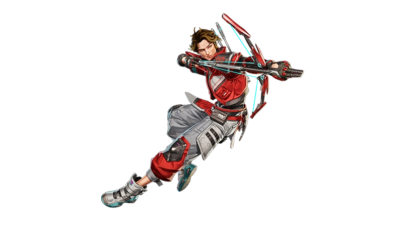 Sparrow from Apex Legends™ is mid-jump, ready to fire a glowing bow weapon. He wears a red jacket and gray and red pants.