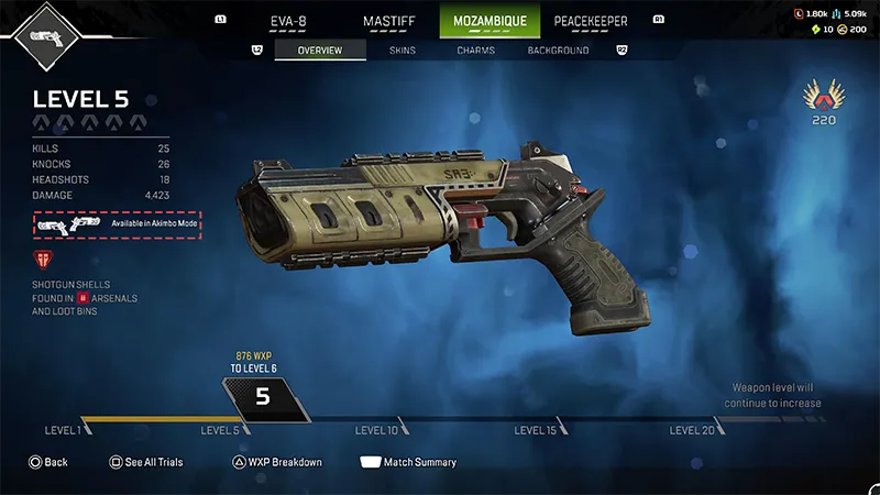 The Apex Legends™ Mozambique pistol. The screen shows the player's weapon level, kills, headshots, and XP progress.