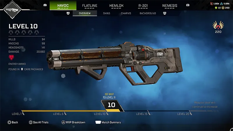 The Apex Legends™ HAVOC assault rifle. The screen shows the player's weapon level, kills, headshots, and XP progress.
