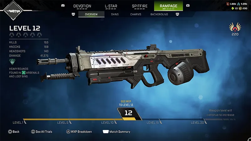The Apex Legends™ Rampage light machine gun. The screen shows the player's weapon level, kills, headshots, and XP progress.