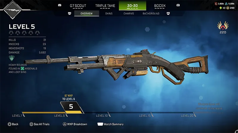 The Apex Legends™ 30-30 marksman gun. The screen shows the player's weapon level, kills, headshots, and XP progress.