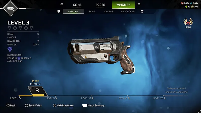 The Apex Legends™ Wingman pistol. The screen shows the player's weapon level, kills, headshots, and XP progress.