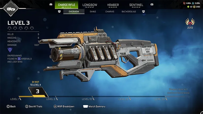 The Apex Legends™ Charge Rifle sniper rifle. The screen shows the player's weapon level, kills, headshots, and XP progress.