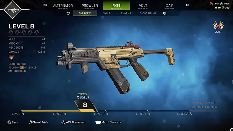The Apex Legends™ R-99 submachine gun. The screen shows the player's weapon level, kills, headshots, and XP progress.