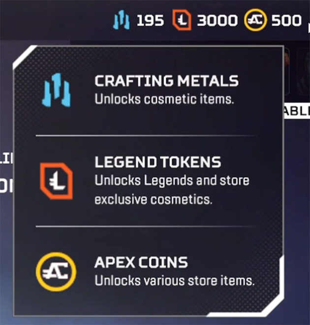 List of Apex Legends currencies with Crafting Metals at the top.