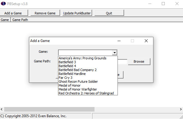 Le menu des options, pour ajouter un jeu à PunkBuster.