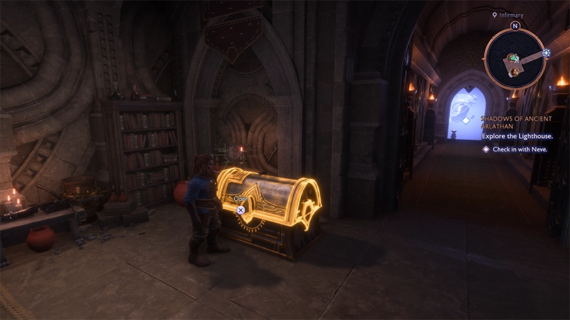 Rook standing in front of a closed, glowing chest. The player has the option to open the chest.