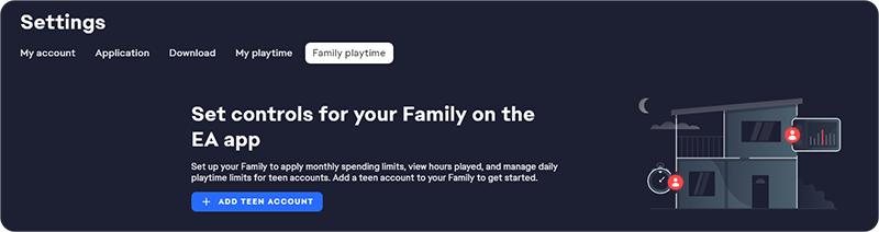 The Add Teen Account button appears under the Family playtime tab in the EA app Settings.