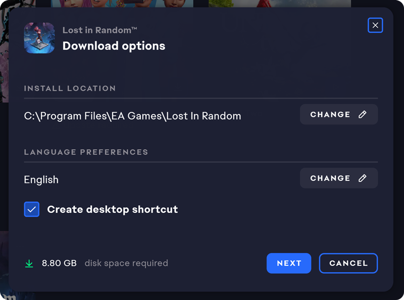 The Download options message shows an editable install location and language preference, and the option to create a desktop shortcut.