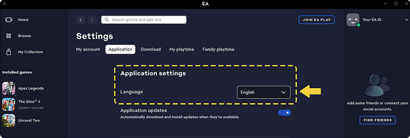 W ustawieniach aplikacji EA app pojawia się opcja języka.
